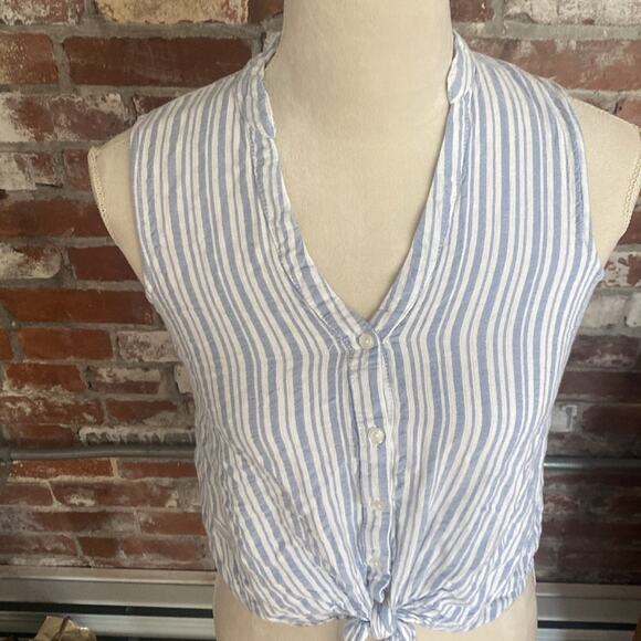 One Clothing White and Blue Stipe Tie Button V Neck Top Size XS - Picture 2 of 7